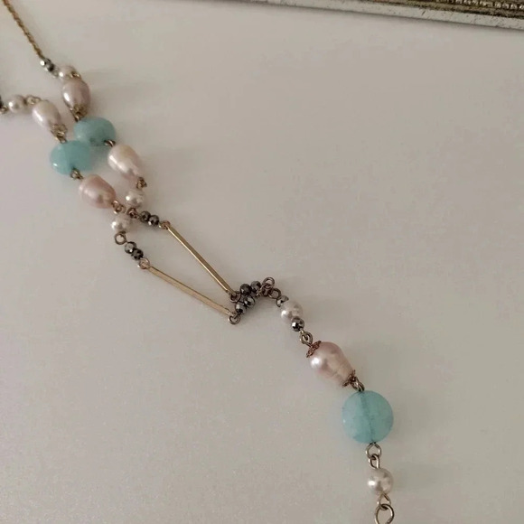 Gold tone Tassel Necklace Blue beads with light Pink champagne pearl - Picture 5 of 8